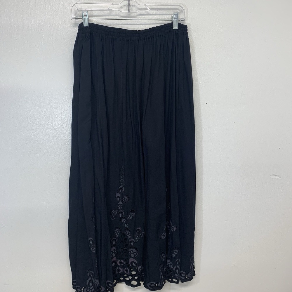Black Embroidery Long Full Skirt Medium Elastic Waist  Pockets Boho WhimsyGoth - Picture 5 of 10